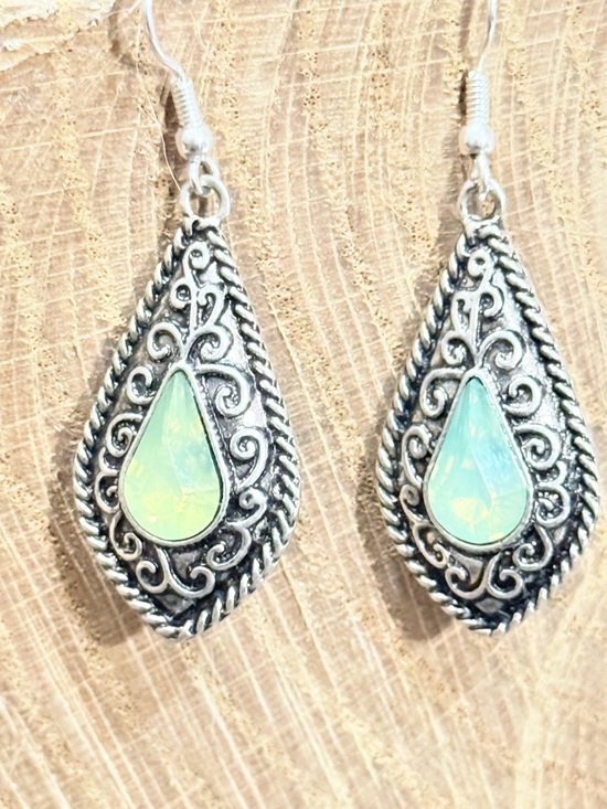 Jewelry - Prehnite Teardrop Silver Tone Filigree Boho Dangle Earrings Jewelry NWT